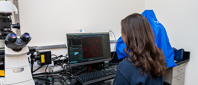 Female student sees cells on screen from biology microscope