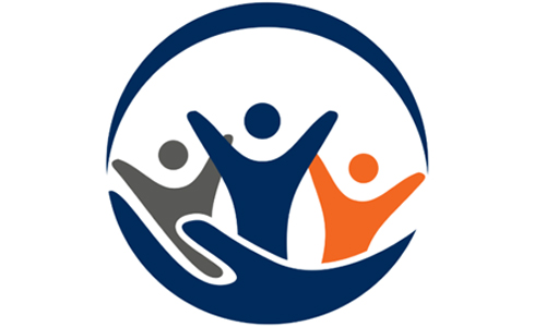 A circular emblem featuring three stylized human figures with raised arms in gray, navy blue, and orange, representing community support and collaboration. 