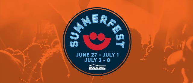 Summerfest logo on an orange background of concertgoers