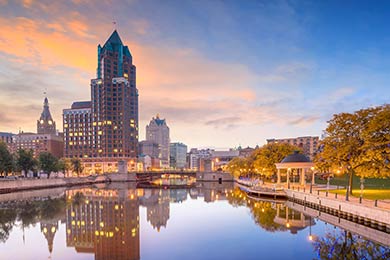 the Milwaukee River and downtown skyscrapers