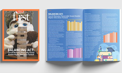 Pio Pete playing Jenga and an image of statistics within the magazine.