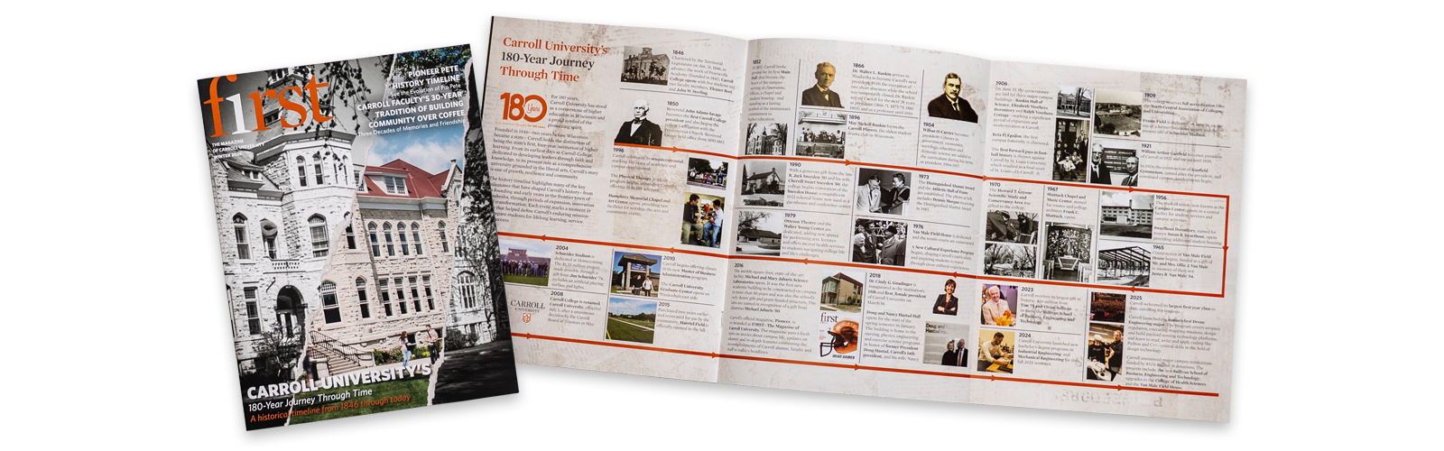 A magazine cover and two-page spread showcasing Carroll University, featuring historic campus imagery and a timeline of key moments, photos, and milestones from the university’s history.