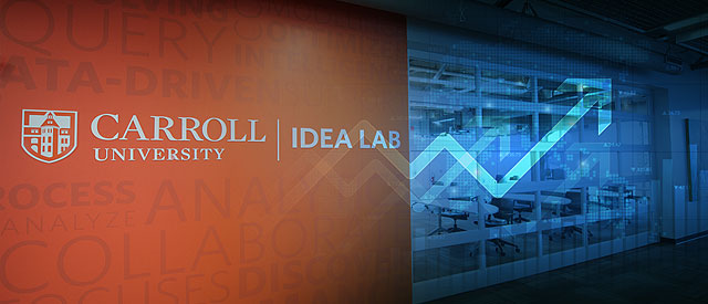 Composite image of Carroll University logo accompanyed with Idea Lab text and upward pointing arrow