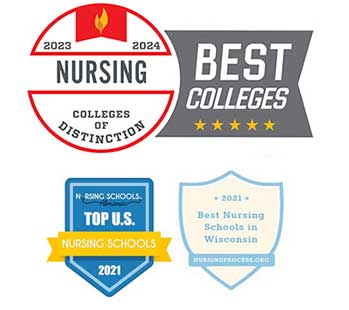 Badge graphic with text, Top U.S. Nursing Schools, 2021