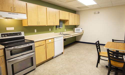 An example of a shared kitchen space in a resident hall. 