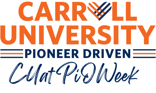 Graphic with words: Carroll University Pioneer Driven, CU at Pio Week